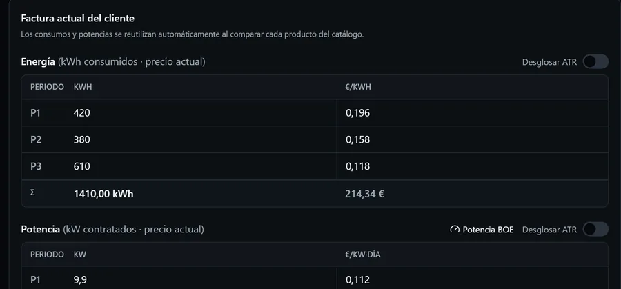 Factura leída por la IA de Enervo Hub con periodos, consumos, potencias e impuestos